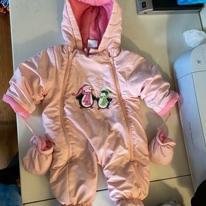 Infant Girl Winter Suit From Okie Dokie Pink Zip Up With Penguin Detail And Hood